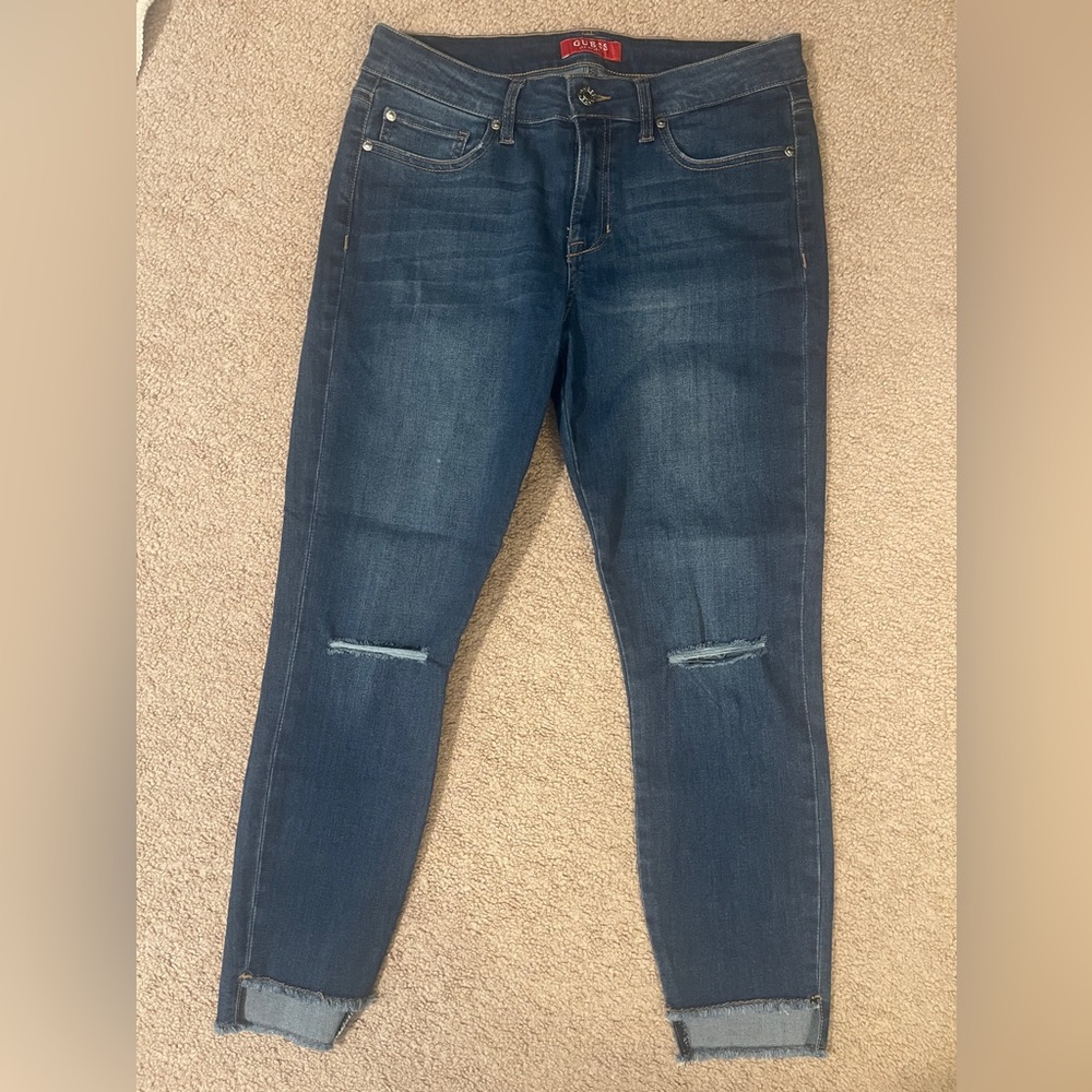 Guess jeans, skinny ankle length, high low frayed hem size 28